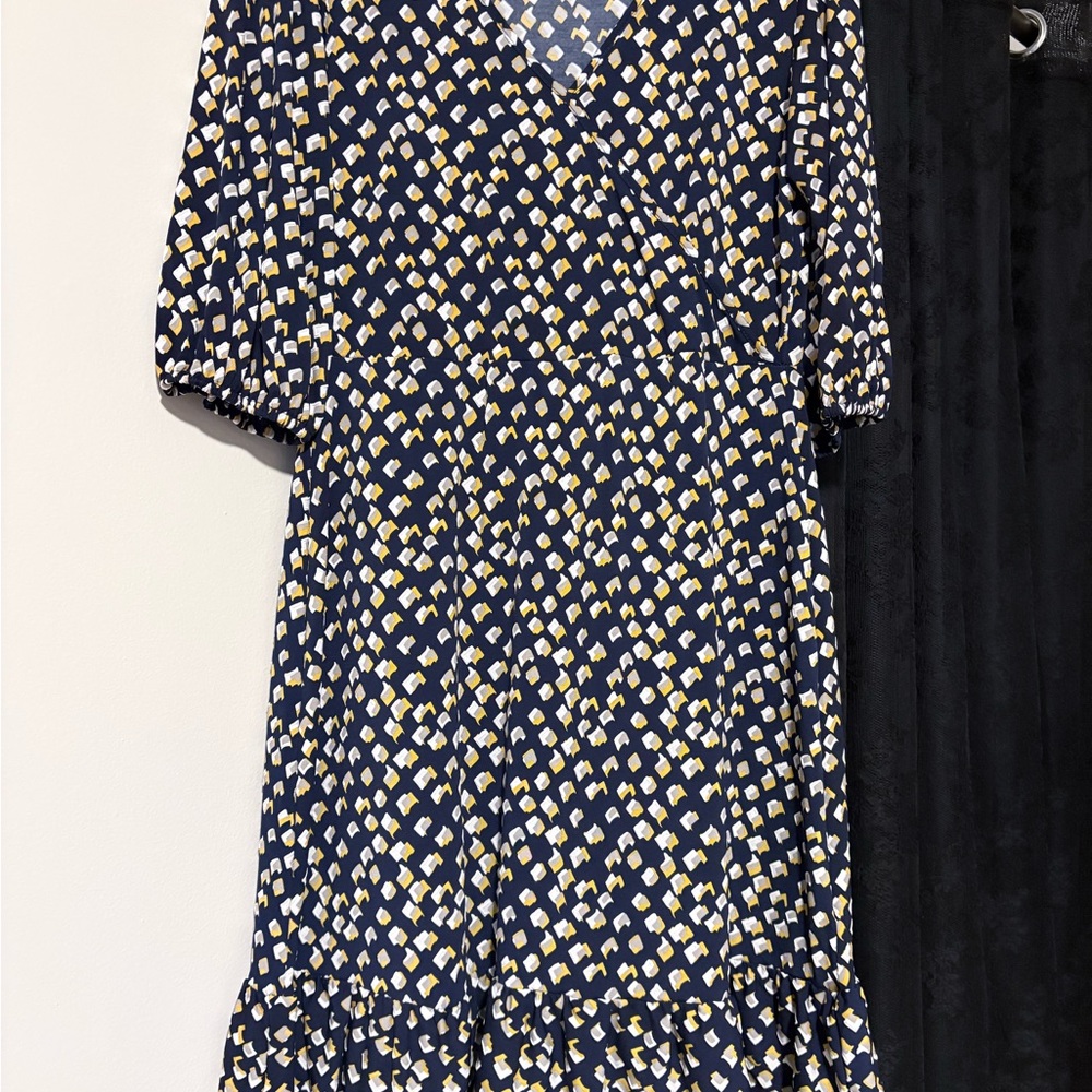 Remplie Navy & Mustard Geometric Diamond Faux Wrap Ruffle Mini Dress